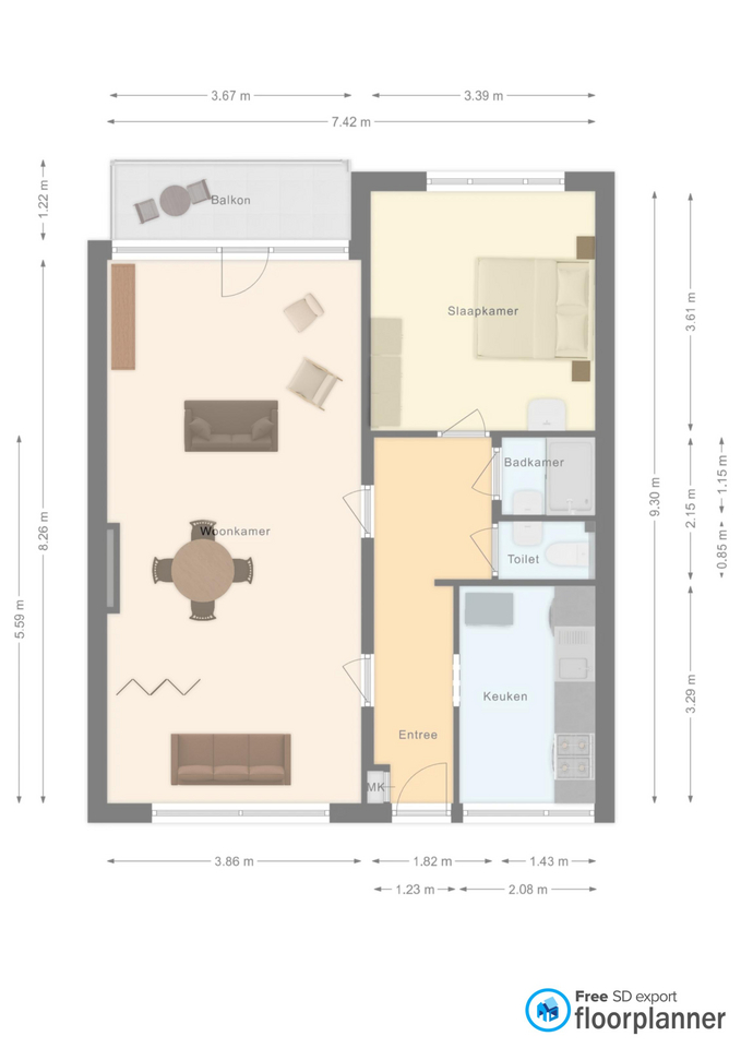 Plattegrond Duinparel Egmond met woonkamer, slaapkamer, keuken, badkamer, toilet en balkon