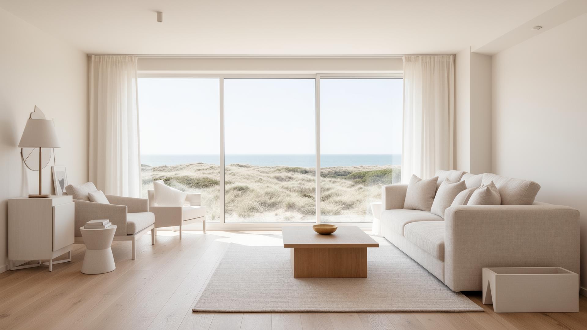 Lichte woonkamer van Duinparel Egmond met zicht op duinen en zee